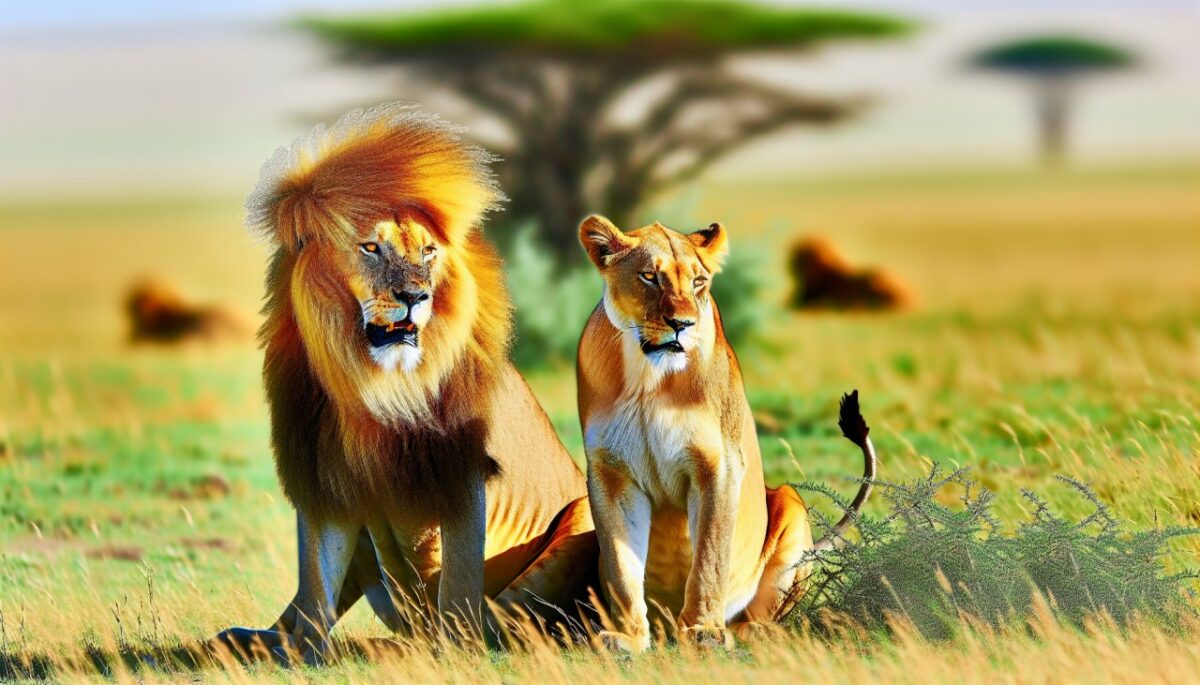 Un lion mâle avec une crinière imposante à côté d'une lionne sans crinière.