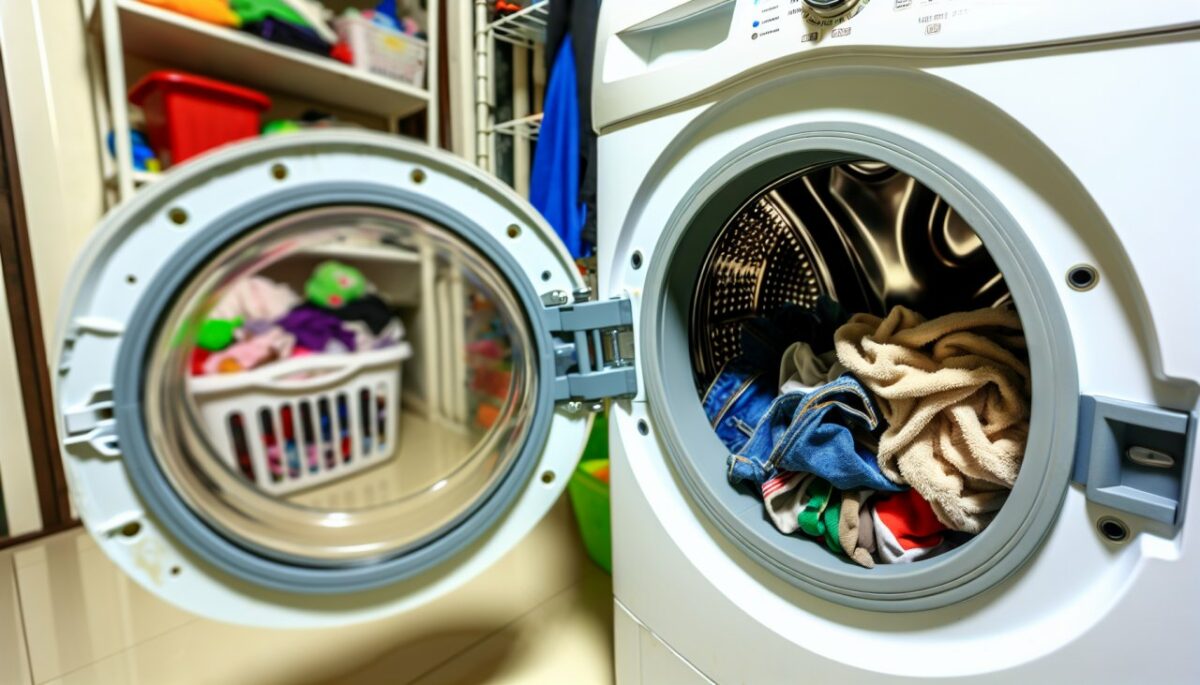 Une machine à laver ouverte avec des vêtements en désordre à l'intérieur.