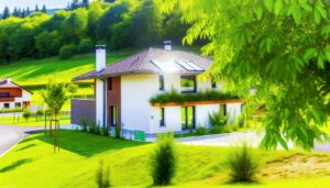 Une maison neuve construite avec des matériaux écologiques dans un environnement verdoyant.