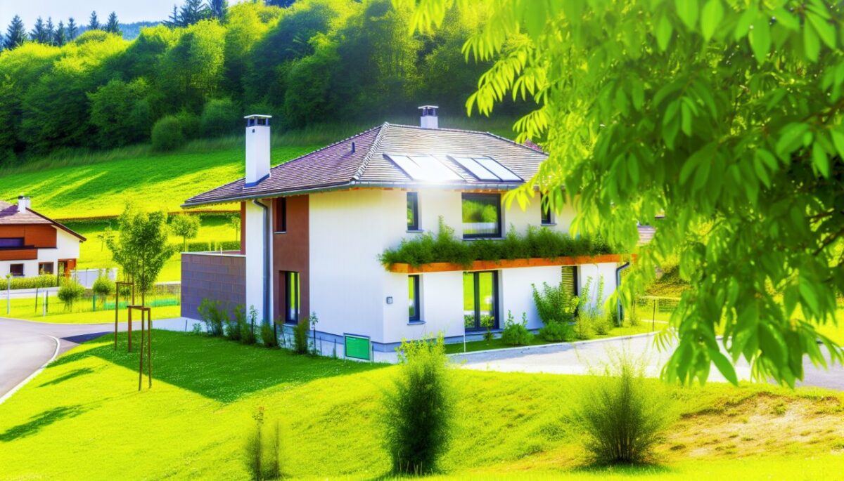 Une maison neuve construite avec des matériaux écologiques dans un environnement verdoyant.