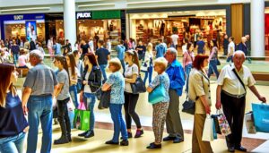 Un mélange de personnes de différentes générations, depuis les jeunes jusqu'aux personnes âgées, faisant leurs achats dans un centre commercial.