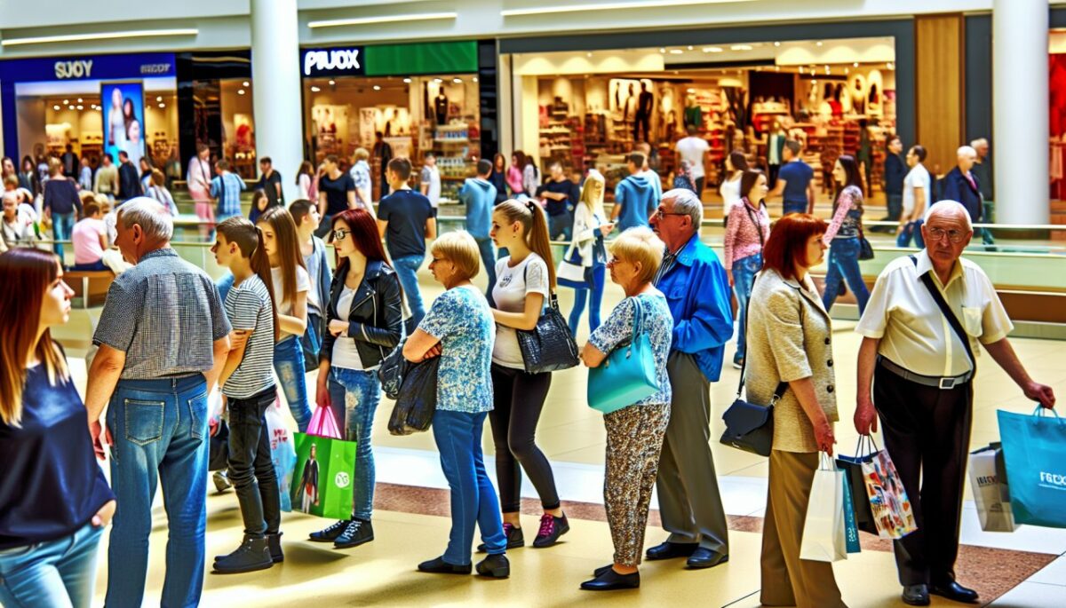 Un mélange de personnes de différentes générations, depuis les jeunes jusqu'aux personnes âgées, faisant leurs achats dans un centre commercial.