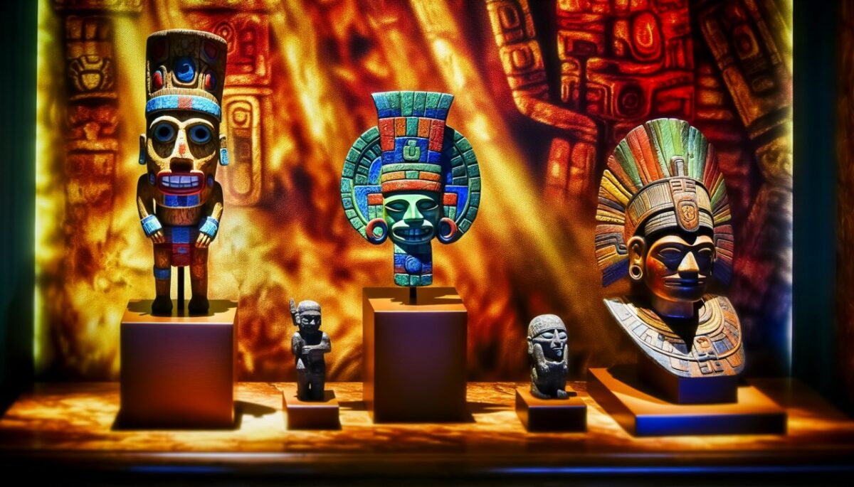 Trois objets distincts représentant les cultures Maya, Aztèque et Inca, comme un masque Maya, une statue Aztèque et un artefact Inca.
