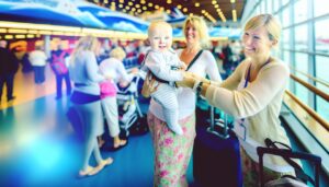 Un bébé portant un gilet de sauvetage sur le pont d'un navire de croisière avec sa mère.