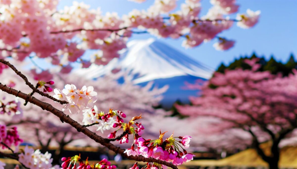 Un paysage de cerisiers en fleurs au Japon avec le Mont Fuji en arrière-plan.