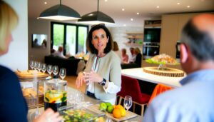 Une femme refusant poliment une part de gâteau lors d'un dîner entre amis.