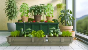 Un assortiment de plantes vertes poussant dans différents types de contenants comme des pots, des jardinières et des bacs, disposés à l'intérieur d'une maison ou d'un appartement.