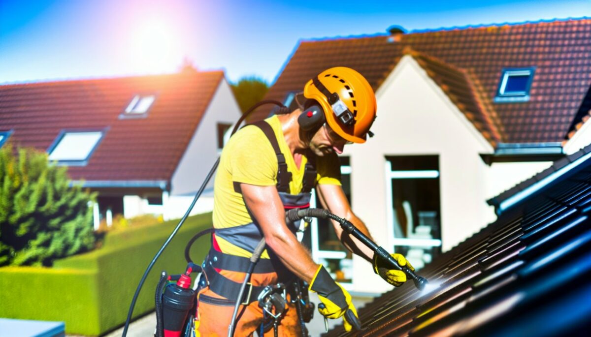 Un professionnel en train de nettoyer une toiture de maison avec un équipement spécialisé.