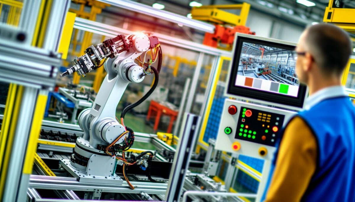 Un robot industriel en train d'effectuer une tâche dans une usine, pendant qu'un opérateur humain le surveille depuis un écran de contrôle.