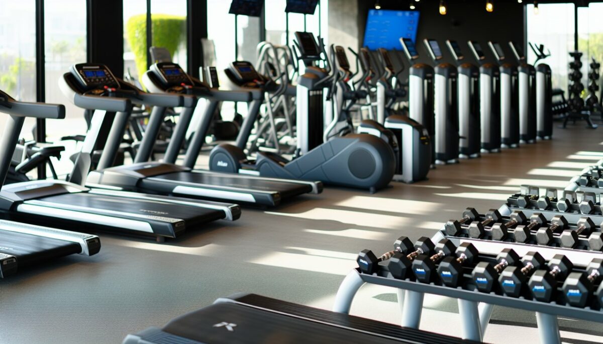 Une salle de fitness bien équipée avec des tapis de course, des haltères et des machines d'exercice.