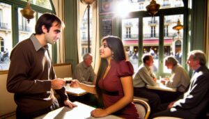 Un homme et une femme en conversation, l'homme utilisant des gestes expressifs tout en parlant.