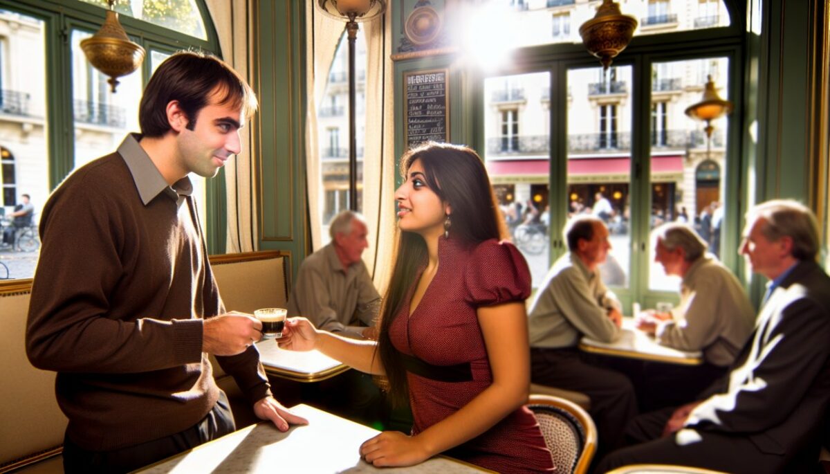 Un homme et une femme en conversation, l'homme utilisant des gestes expressifs tout en parlant.