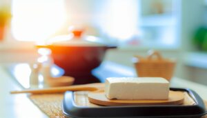 Un bloc de tofu fait maison posé sur une planche à découper avec des ingrédients frais comme du soja, de l'ail et des herbes autour.