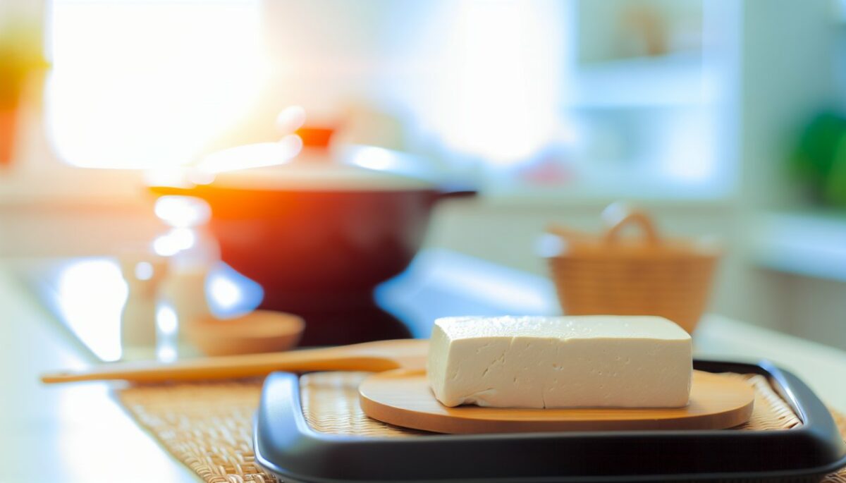 Un bloc de tofu fait maison posé sur une planche à découper avec des ingrédients frais comme du soja, de l'ail et des herbes autour.