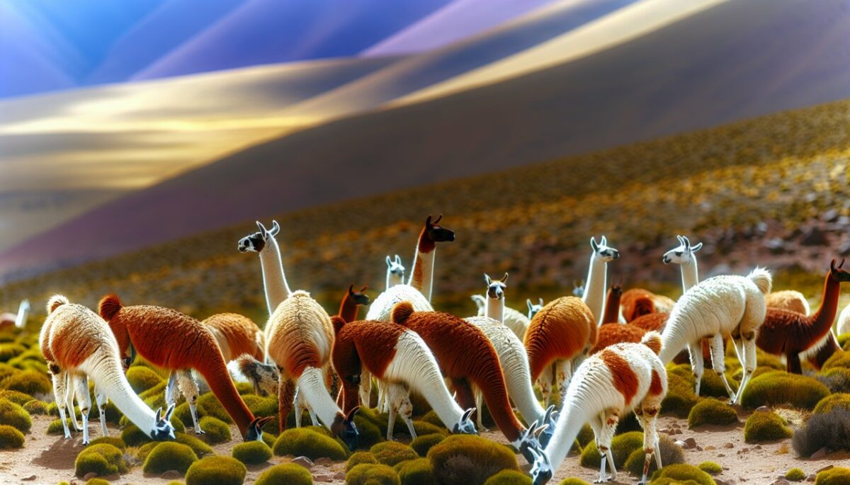 Un groupe de lamas dans une prairie, certains debout et d'autres couchés.