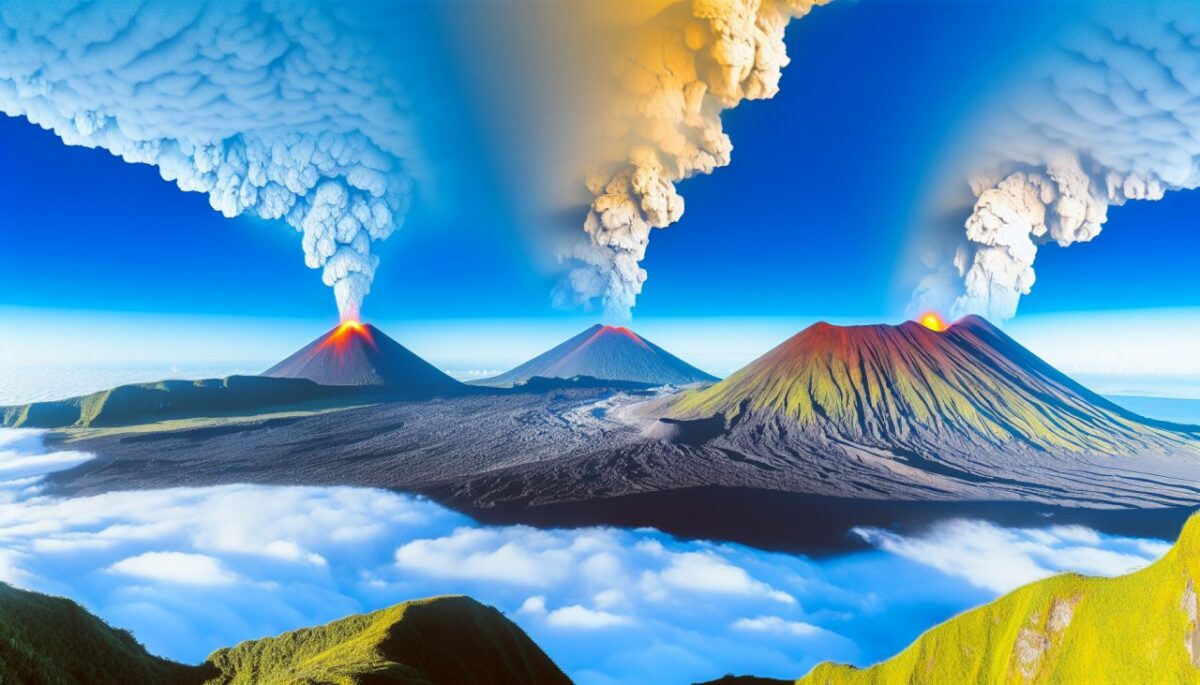 Une vue panoramique de plusieurs volcans majestueux avec de la fumée s'échappant de leurs cratères.