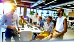 bien-être au travail employés heureux débout discutent dans un open space