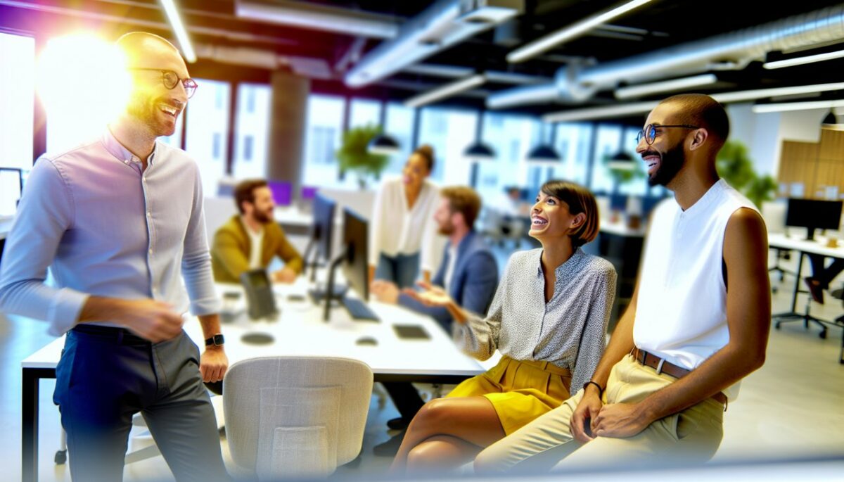 bien-être au travail employés heureux débout discutent dans un open space