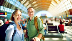 un couple de voyageur au départ d'un aéroport