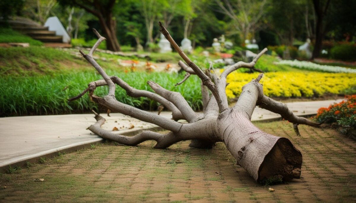 arbre mort couché au sol dans jardin