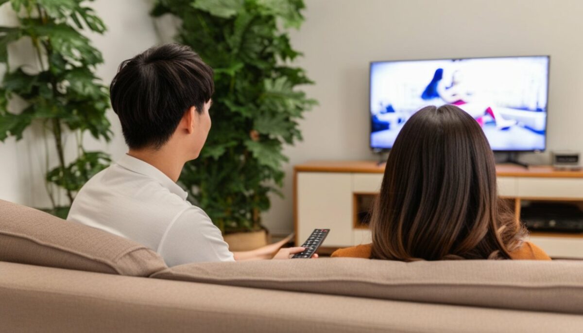 un couple de dos regarde la télé dans son salon