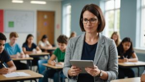 professeur dans une école avec une tablette numerique