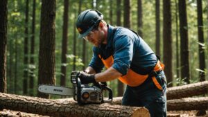 un homme coupe du bois avec une tronçonneuse