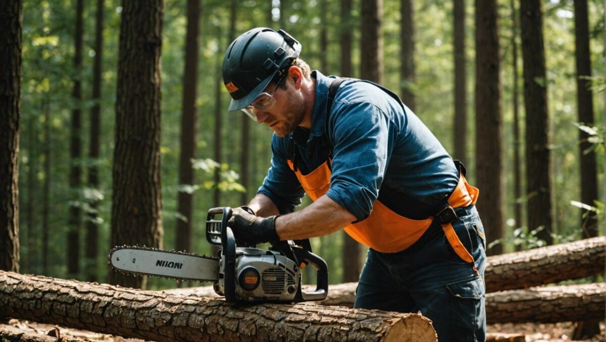un homme coupe du bois avec une tronçonneuse