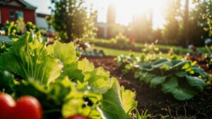 beau potager avec des salades, des tomates et des arbres fruitiers en exterieur