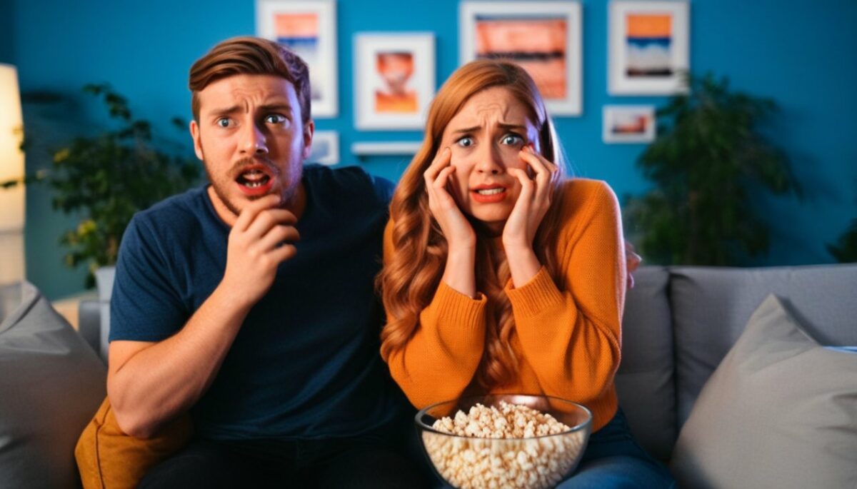 un couple a peur dans son canapé en regardant un film d'horreur