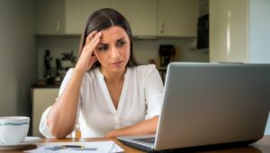 une femme pas content devant son ordinateur portable en panne