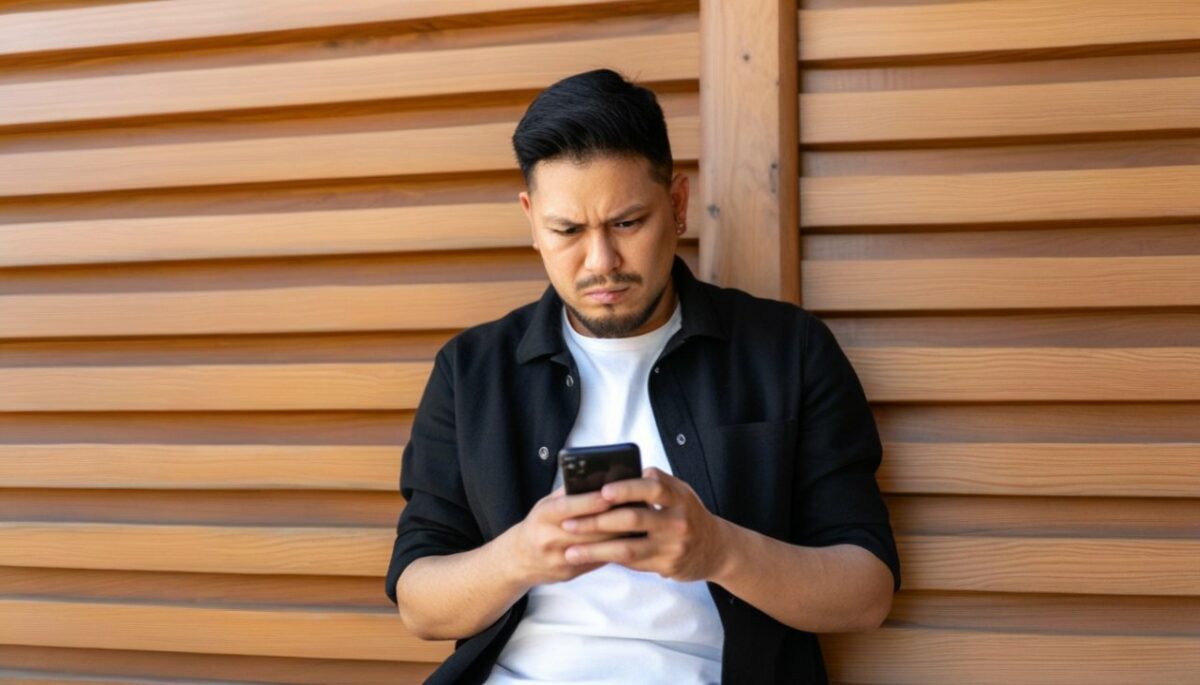 un homme regarde avec méfiance son smartphone