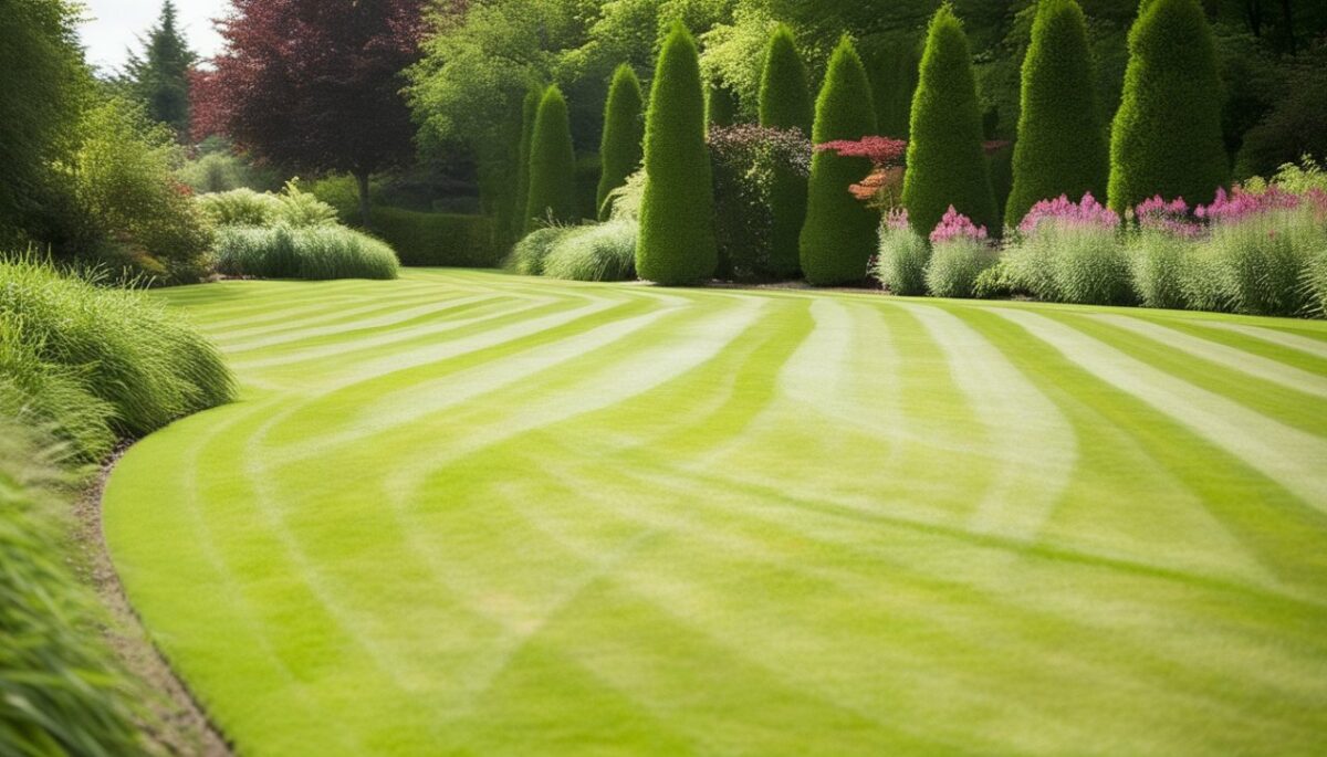 un jardin avec un beau gazon bien tondu