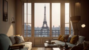 petit appartement avec vue depuis la fenetre vue sur une tour eiffel