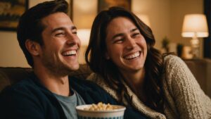 un couple rie en regardant un film drole