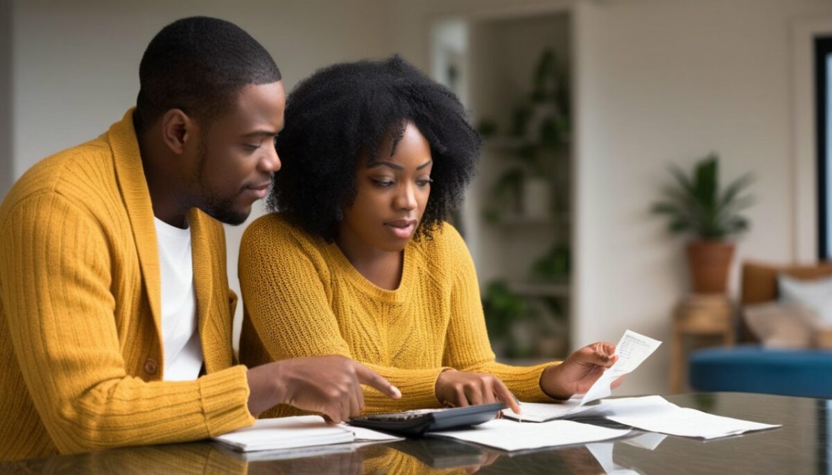 un couple regarde factures avec une calculatrice à  coté