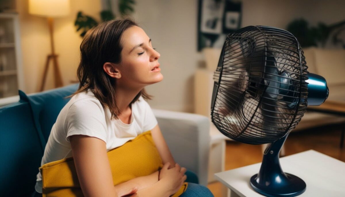 un femme dans son canapé à chaud et se rafraichit avec un ventilateur