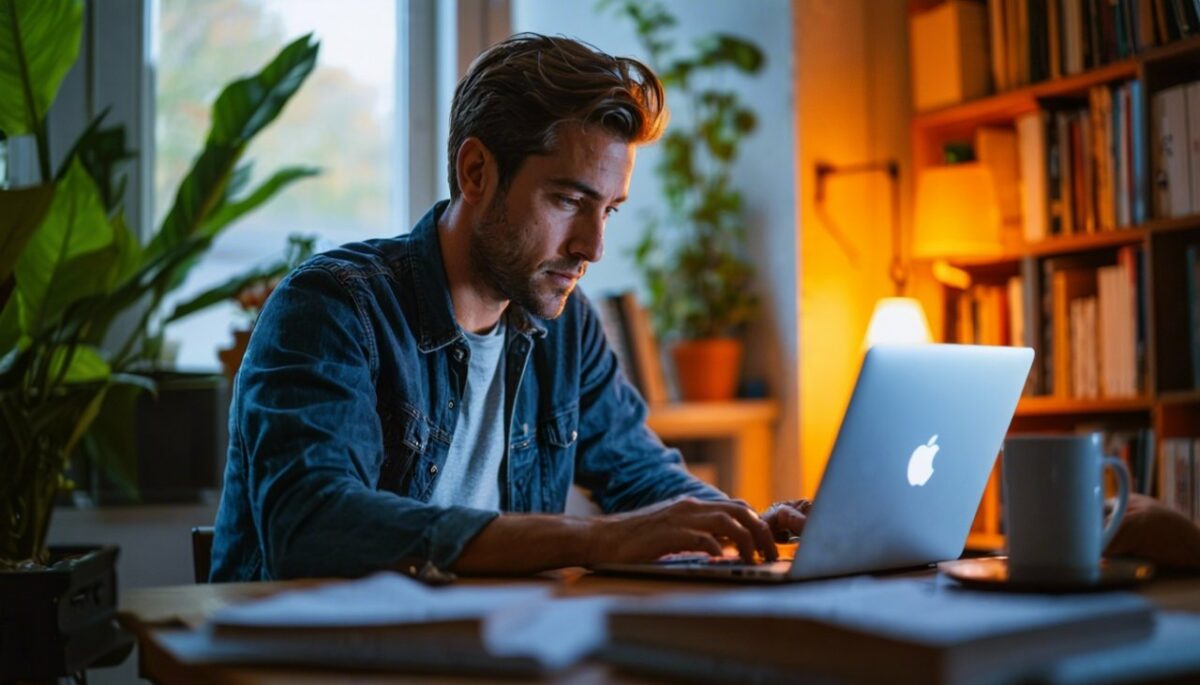 un homme travaille lentement derrière son ordinateur portable