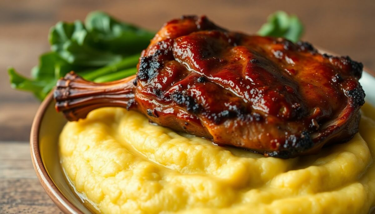 Jarret de porc fumé sur lit de polenta crémeuse et pak choï : un festin dominical abordable