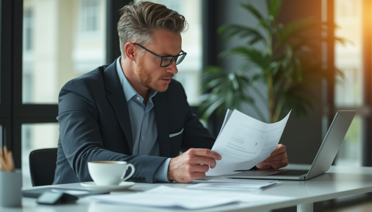 un homme consulte des documents papier à son bureau